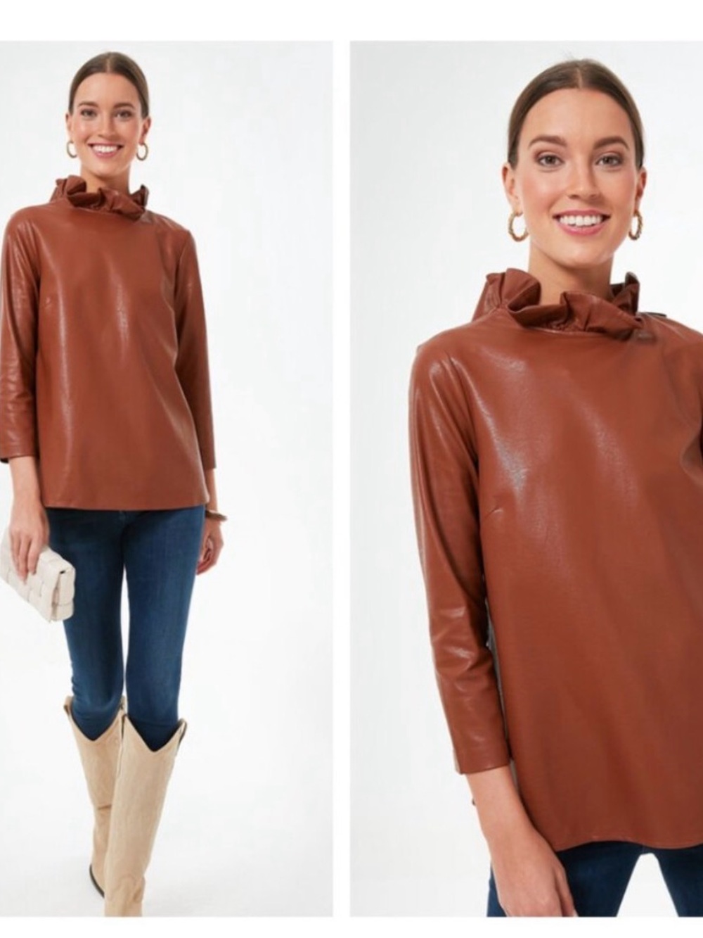 Faux Leather Ruffle Neck Top in Warm Cognac